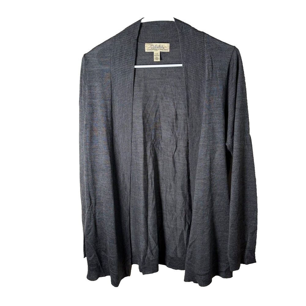 Cabela's Sweater Women's Large Knit Cardigan Gray Open Lightweight Wool Blend